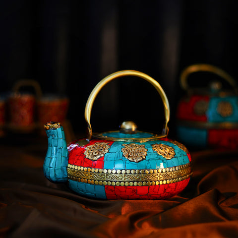 Exquisite Elegance: Vintage Brass Teapot Adorned with Nepal Cut Stones