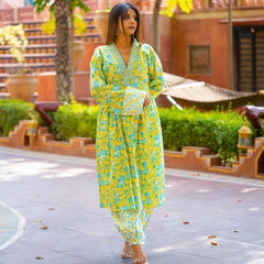 Yellow and Blue V-Neck Cotton Printed Anarkali Set - A Splash of Elegance