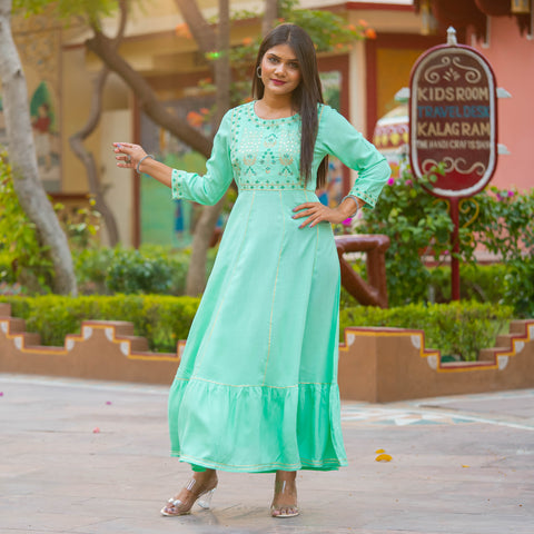 Turquoise Embroidered Cotton Viscose Dress: The Art of Elegance