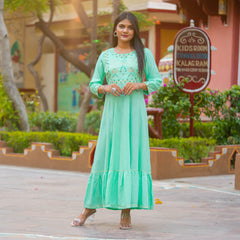 Turquoise Embroidered Cotton Viscose Dress: The Art of Elegance
