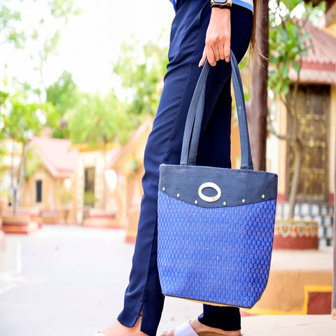 Cotton Jute Embroidered Tote Bag | Blue Ladies Bag