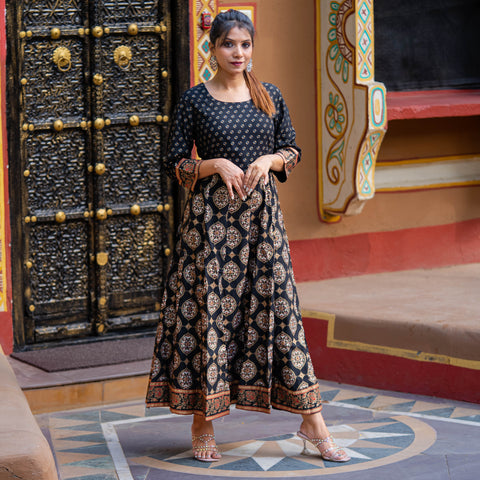 Discover the Allure of Gold Printed Cotton Viscose Anarkali Dress