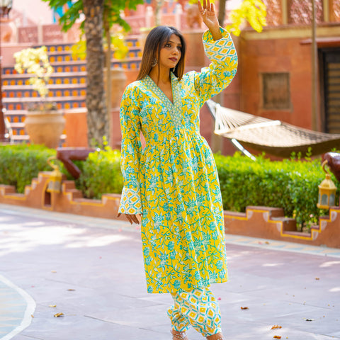 Yellow and Blue V-Neck Cotton Printed Anarkali Set - A Splash of Elegance