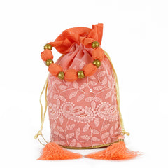 Peach Pink Chikankari Potli Bag with Kashida Work