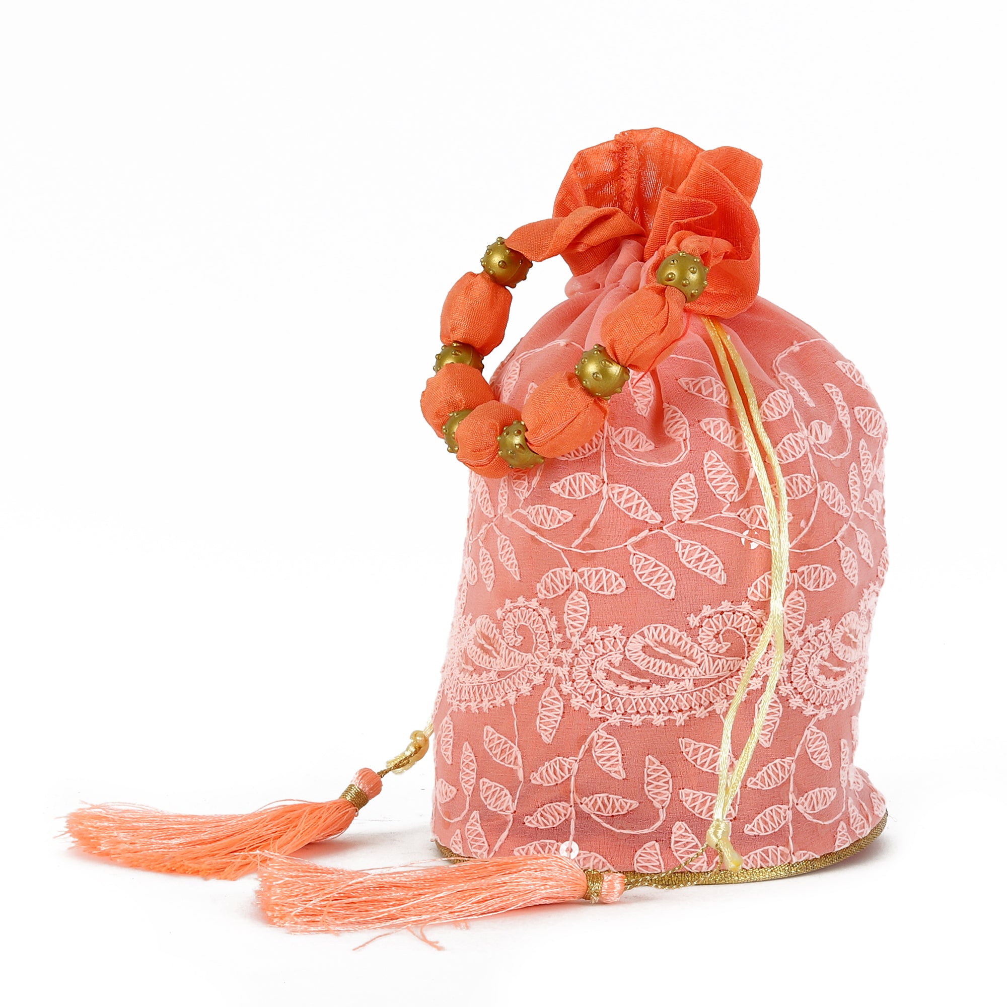 Peach Pink Chikankari Potli Bag with Kashida Work