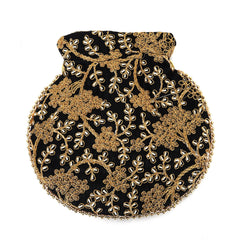 Black Leaf Embellished Silk Potli Bag