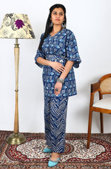 Stylishly Chic: Blue Printed Cotton Kaftan Kurta Set with Embroidered Belt