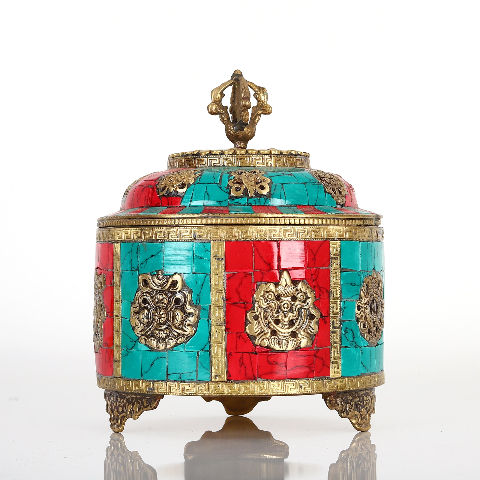 Relish Vintage Opulence - The Antique Brass Storage Box with Cut Nepal Stone