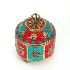 Relish Vintage Opulence - The Antique Brass Storage Box with Cut Nepal Stone