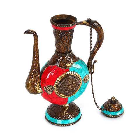 Enjoy Eternal Enchantment: Antique Brass Aftaba/Surahi Adorned with Nepal Stone Cuts, Large Vintage Indian Scented Water Holder, Etched Brass Ganges Holy Water Pitcher.