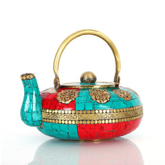 Exquisite Elegance: Vintage Brass Teapot Adorned with Nepal Cut Stones