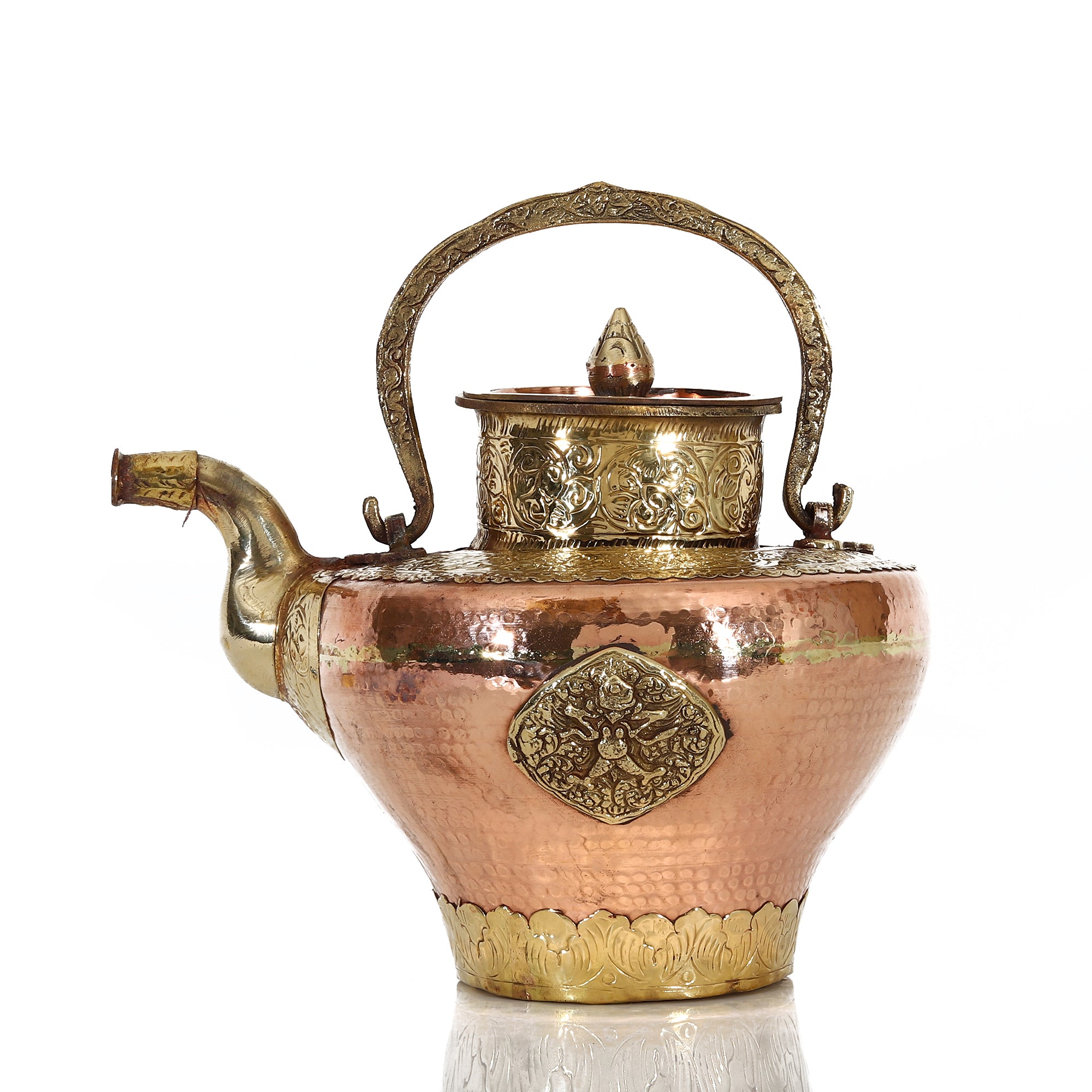 Copper & Brass Teapot With Embossed Design & Chain