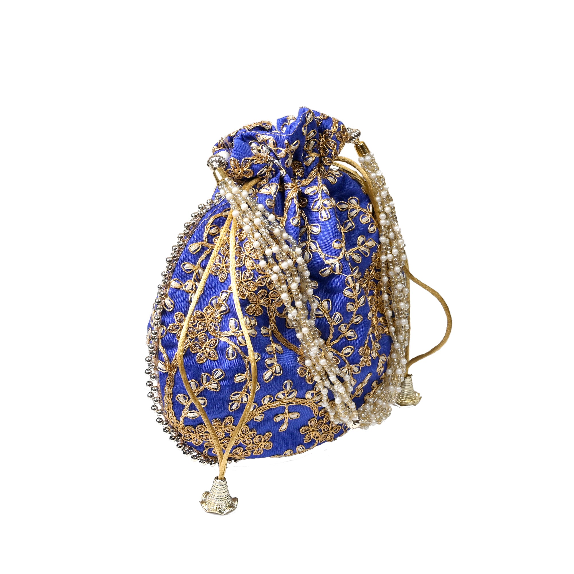 Navy Blue Embellished Silk Potli Bag