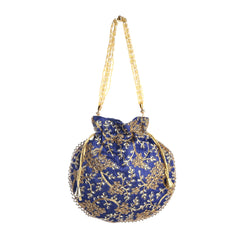 Navy Blue Embellished Silk Potli Bag