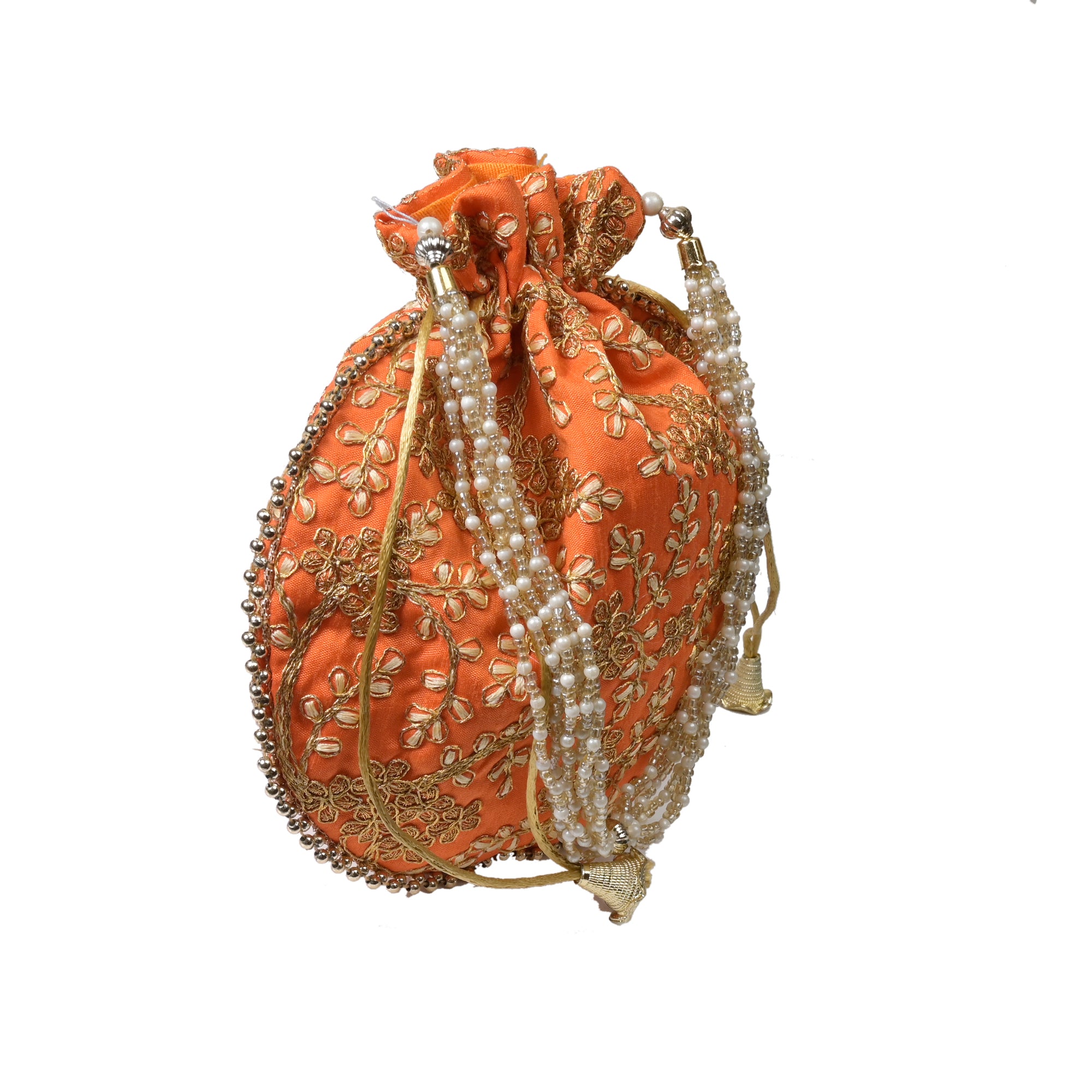 Orange Leaf Embellished Silk Potli Bag