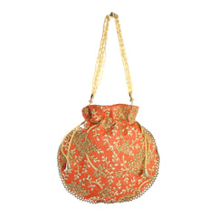 Orange Leaf Embellished Silk Potli Bag