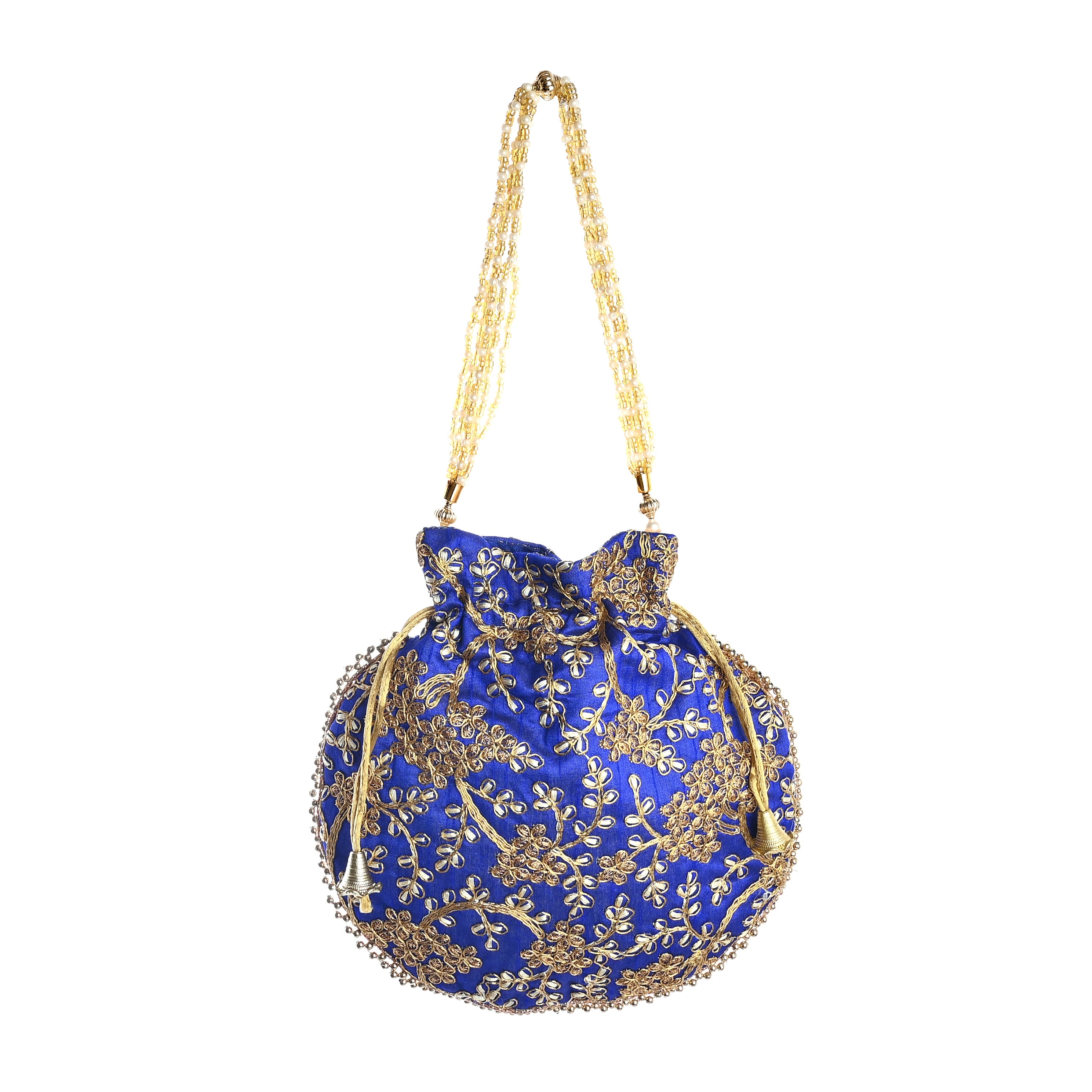 Indigo Leaf Embellished Silk Potli Bag