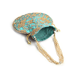 Turquoise Leaf Embellished Silk Potli Bag