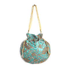 Turquoise Leaf Embellished Silk Potli Bag