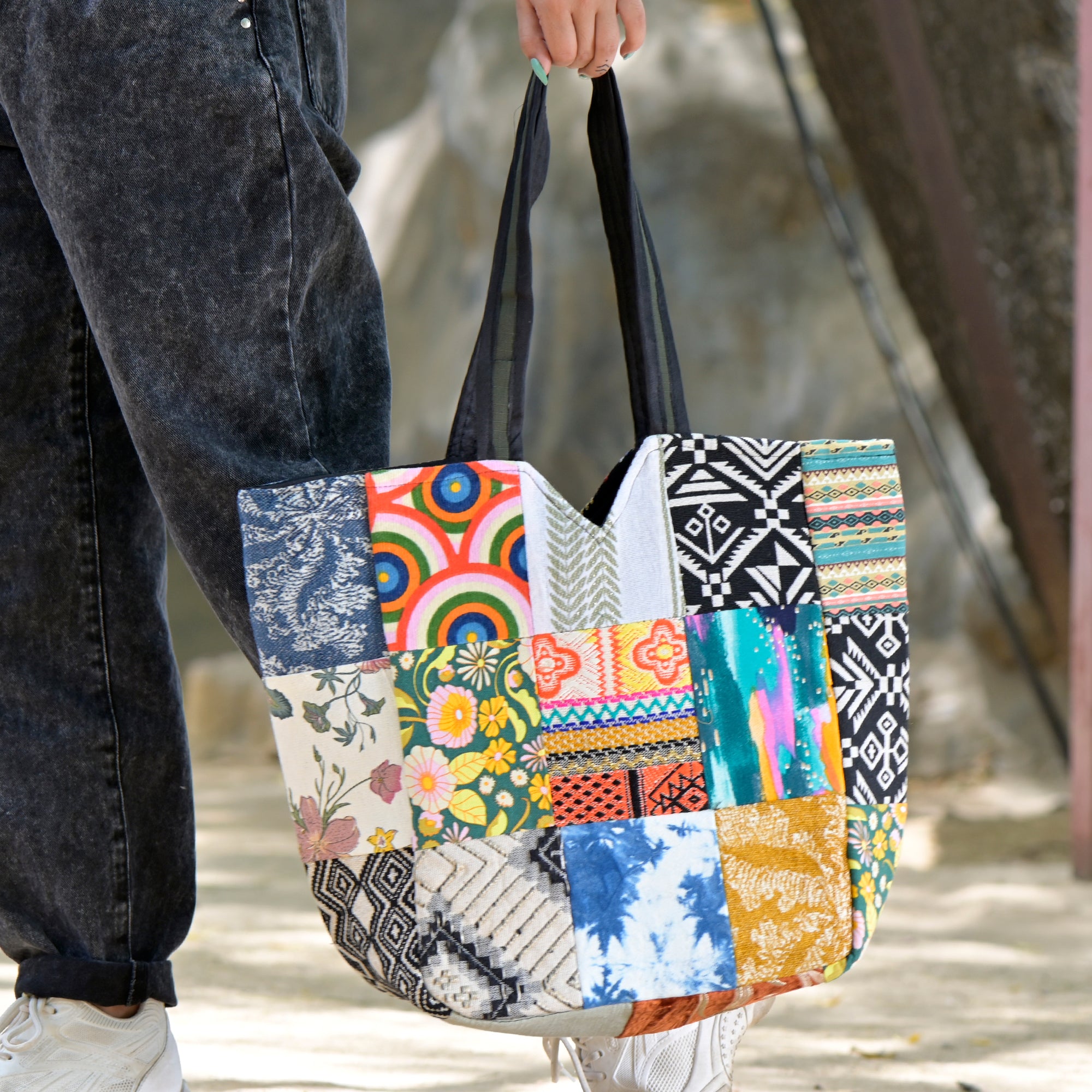 Multicoloured Printed Canvas Tote Bag