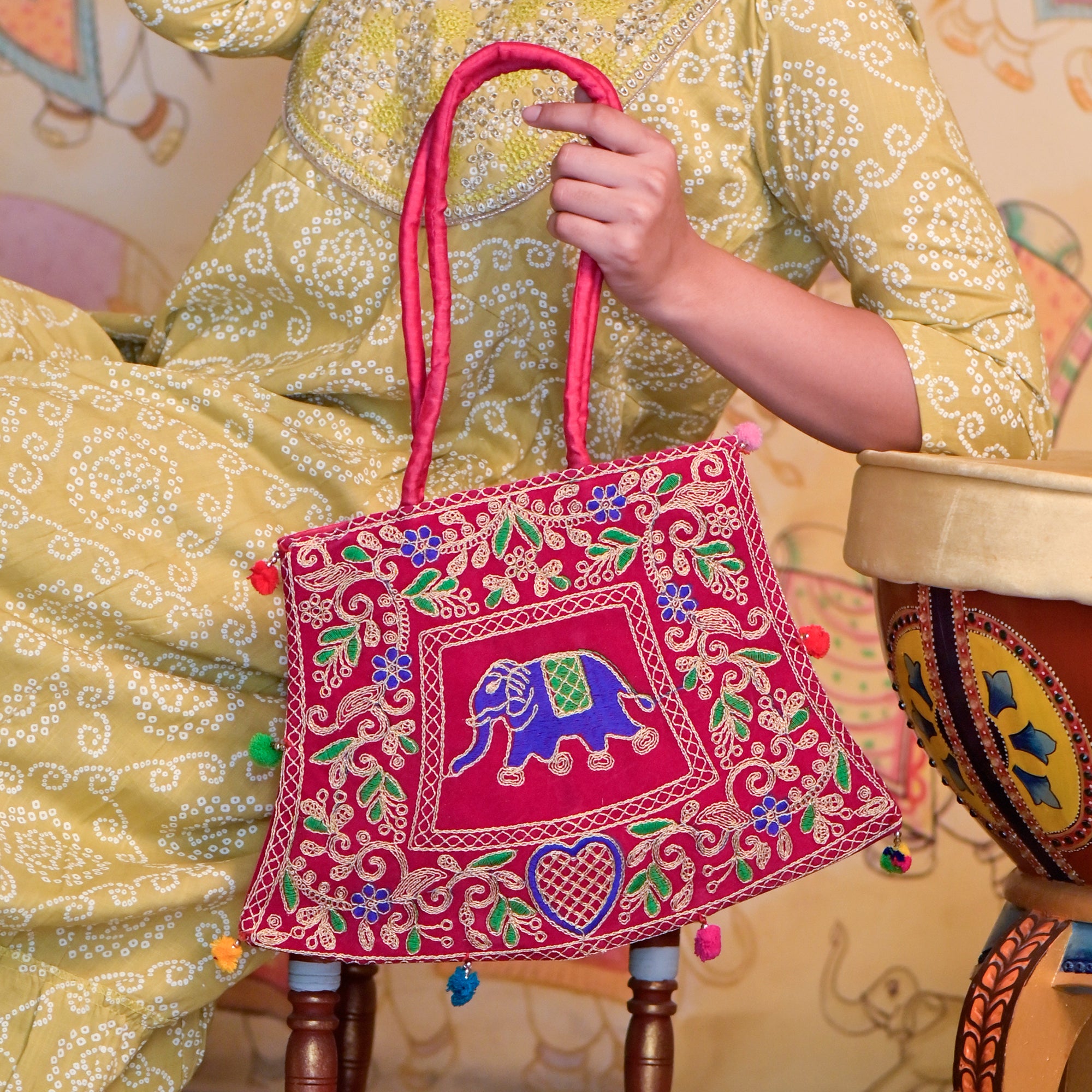 Square Handle Bag With Embroidery - Crafti Bazaar