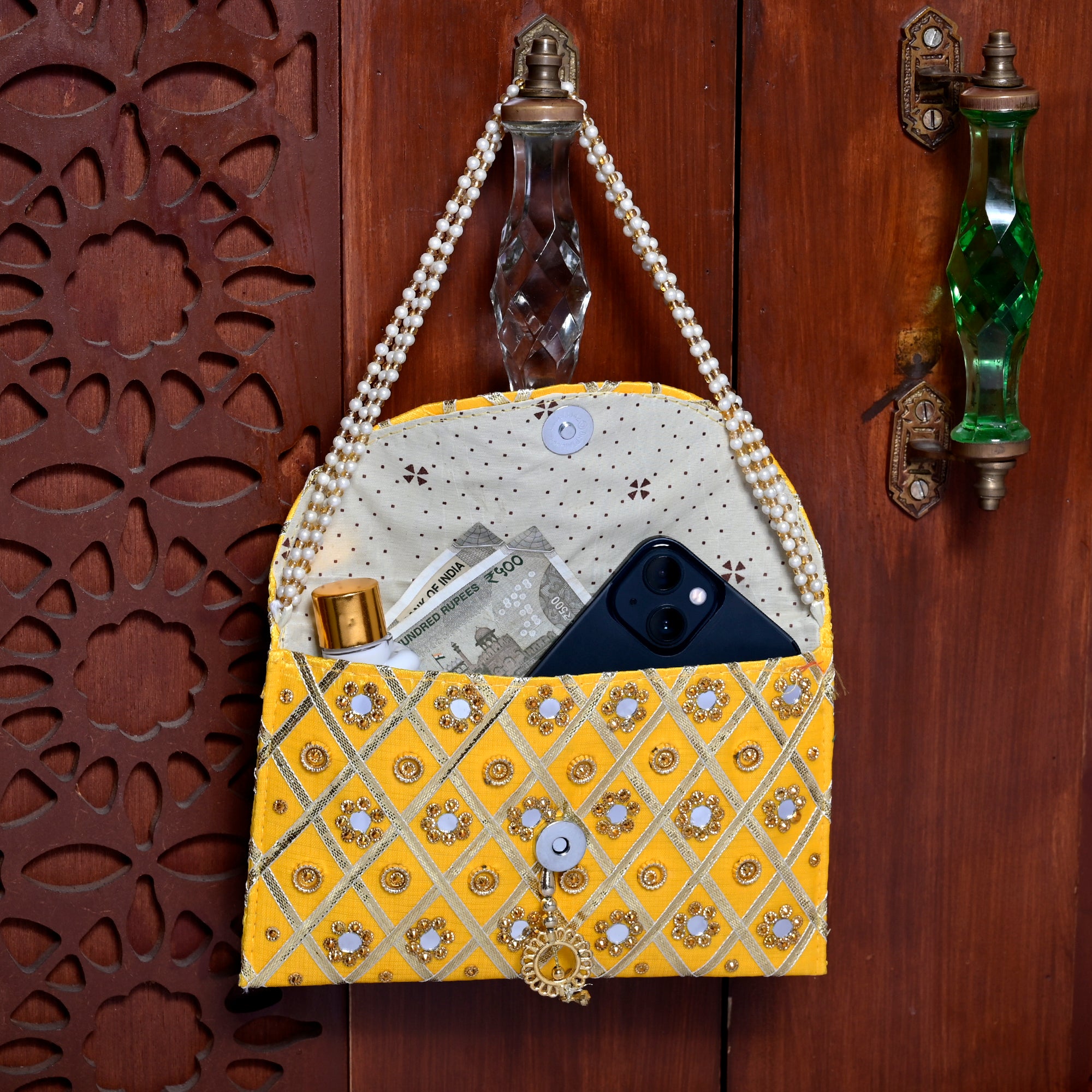 Traditional Mirror Embellished Envelope Handbag