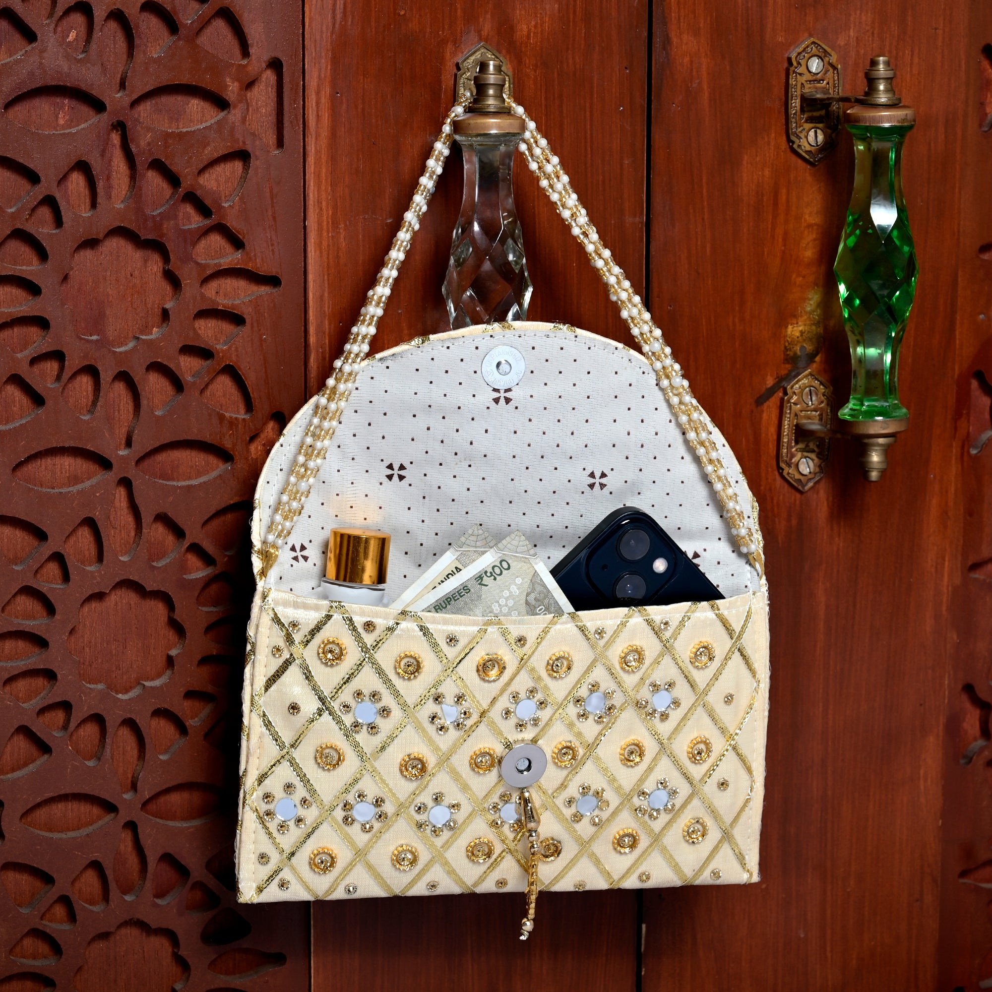 Traditional Mirror Embellished Envelope Handbag
