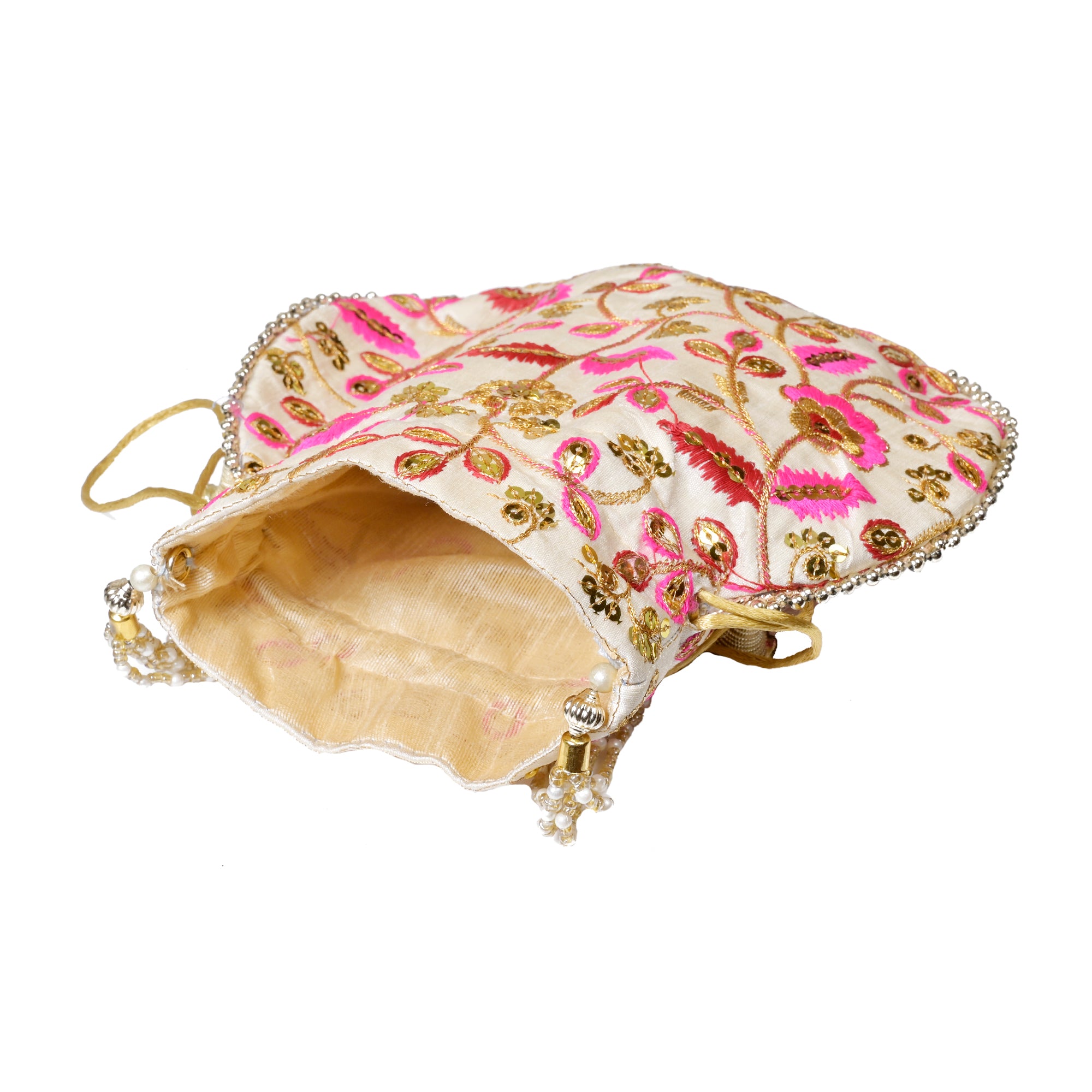 Cream Embellished Silk Potli Bag