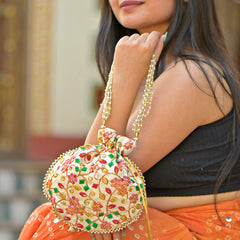 Cream Embellished Silk Potli Bag