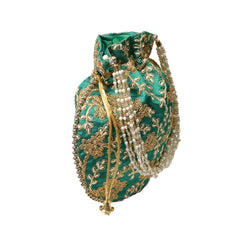 Teal Leaf Embellished Silk Potli Bag