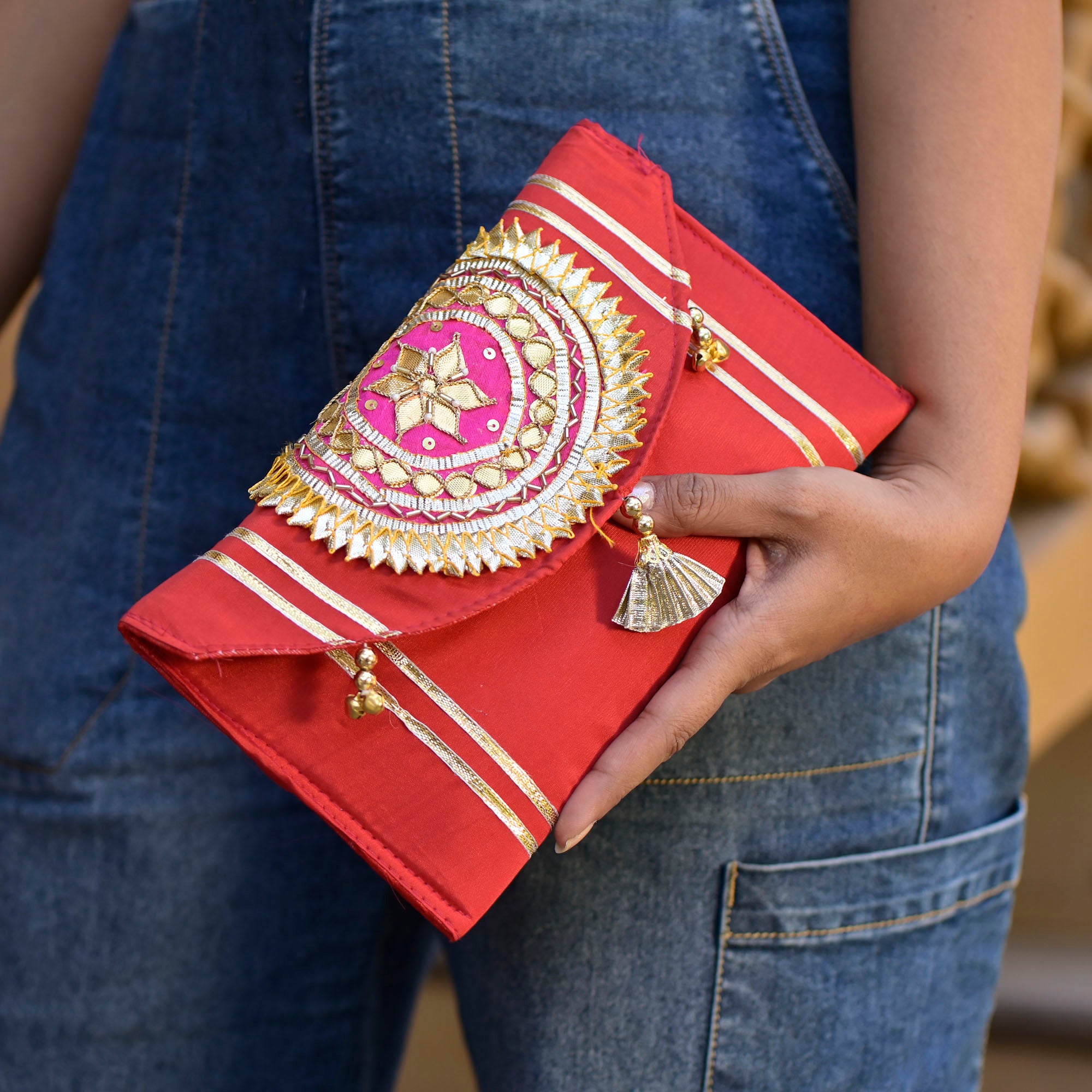 Handcrafted Red Color Gotta Patti Ladies Handbags