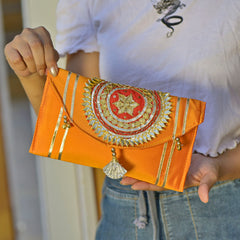 Stylish Traditional Gotta Patti Clutch Orange Ladies Bag
