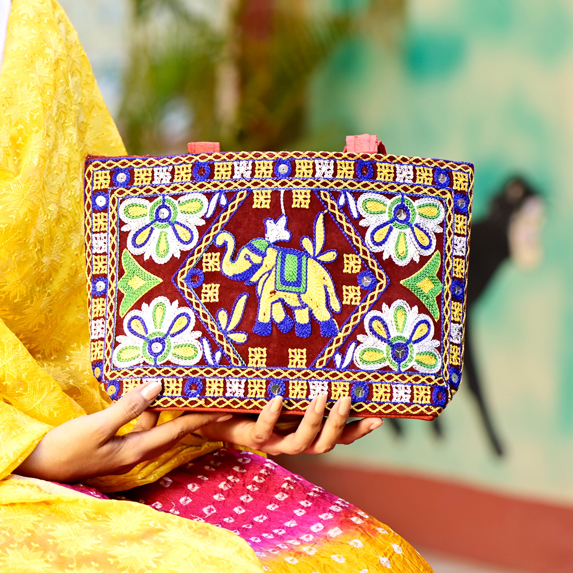 Rajasthani/Jaipuri Kashida-Embroidered Hathi Tote Bag for Women