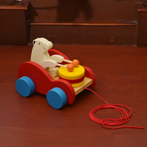 Handcrafted Wooden Bear in Car Drumming Pull Along with Attached String