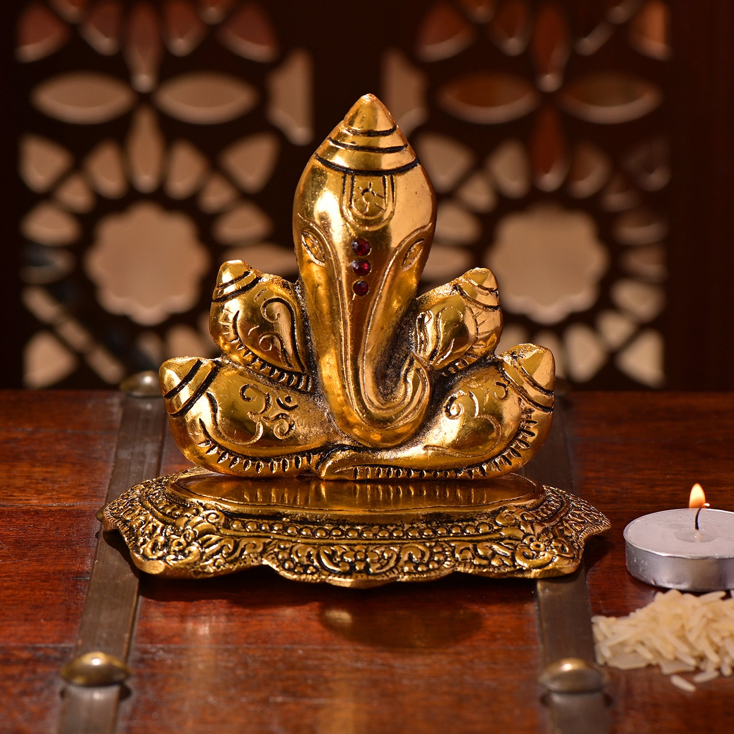 Handcrafted Gillette Metal Golden Ganesha Shank Decorative Showpiece