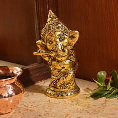 Gillette Metal Ganesha Idol Playing Flute Decorative Showpiece