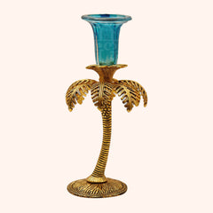 Antique Handcrafted Golden Oxidised Brass Palm Tree Single Candle Stand