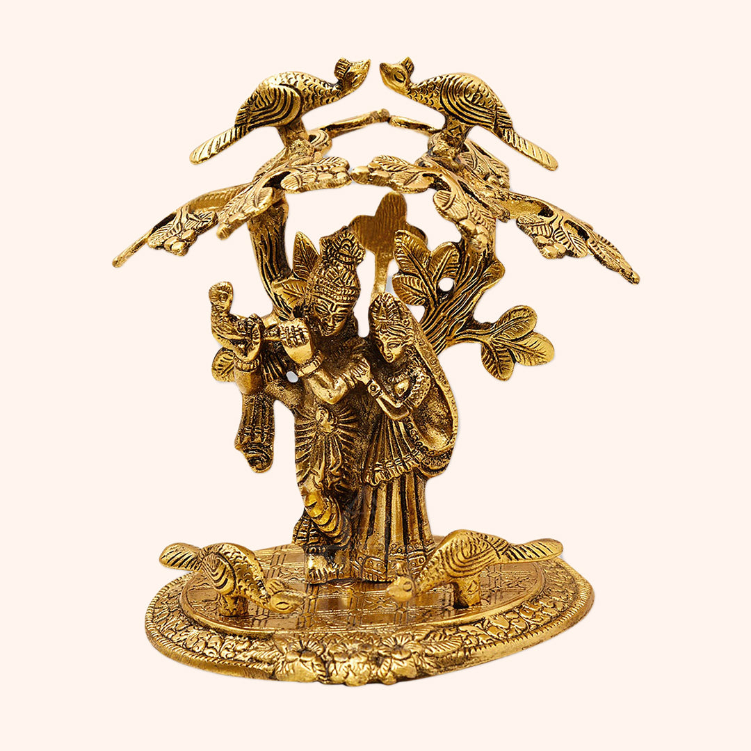 Handicraft Radha Krishna Tree Golden Brass Metal Idol Showpiece for Home Temple