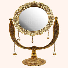 Golden Brass Oxidised Metal Antique Rajasthani Mirror for Vanity