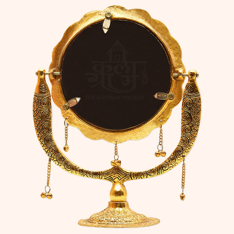 Golden Brass Oxidised Metal Antique Rajasthani Mirror for Vanity
