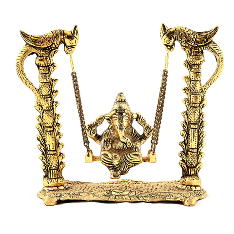 Handcrafted Golden Gillette Metal Lord Ganesha Jhula Idol for Temple Home Decor