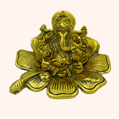 Lord Ganesha on Flower Idol Gold Plated Gillette metal Decorative Showpiece and Return Gift