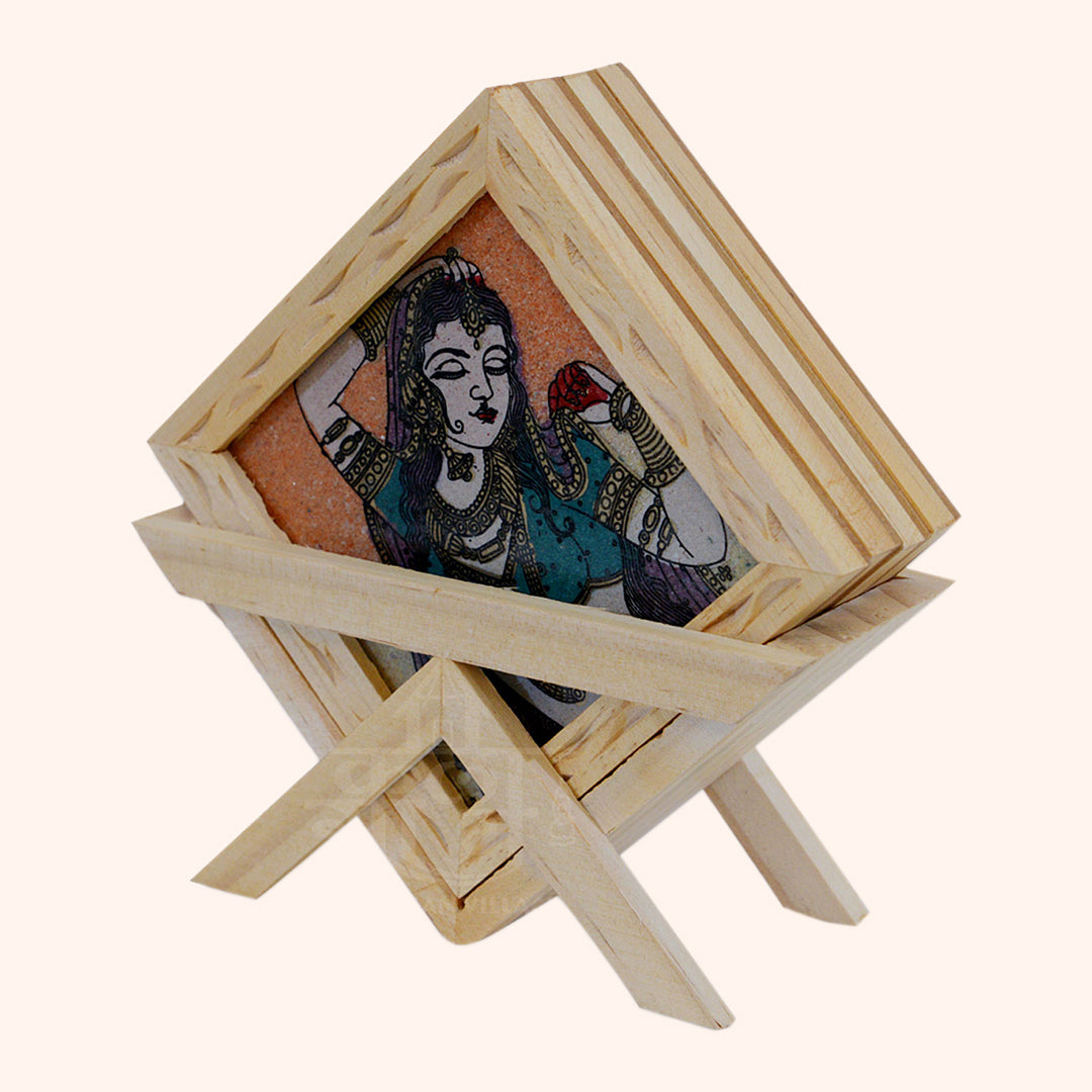 Handmade Wooden Rajasthani Painting Tea Coaster with Holder Decorative Showpiece