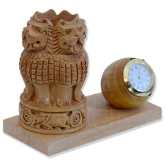 Ashoka Stamp Wooden Pen Holder with Clock for Office