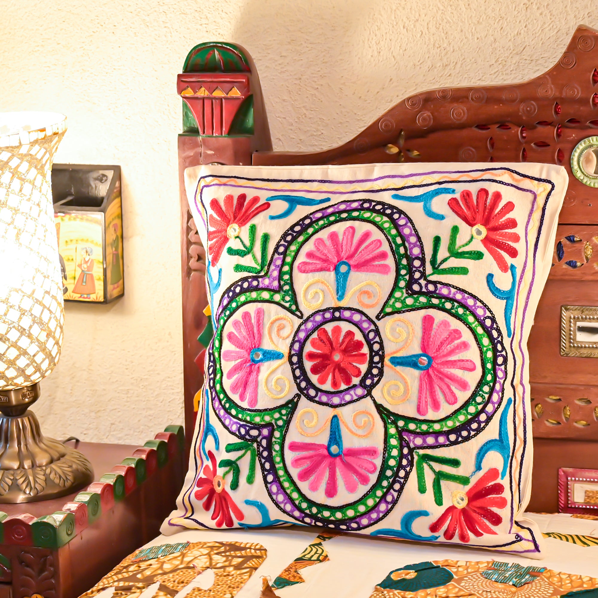 Rajasthani Embroidered Multicolor Cotton Cushion Cover set of five