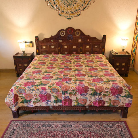 Botanical Kantha Quilt Bedspead Double Bedsheet