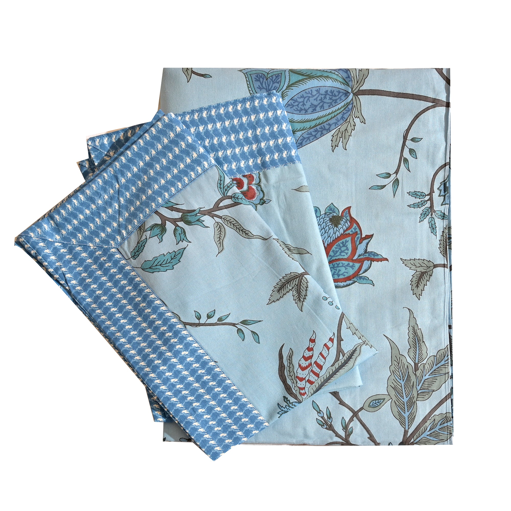 Traditional Blue Floral Vine Printed Cotton Bedsheet Set