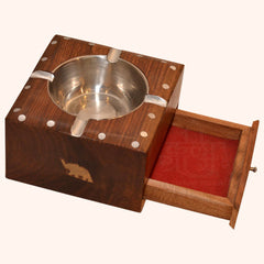 Handcrafted Wooden Ashtray with Cigarette Holder Drawer Inside