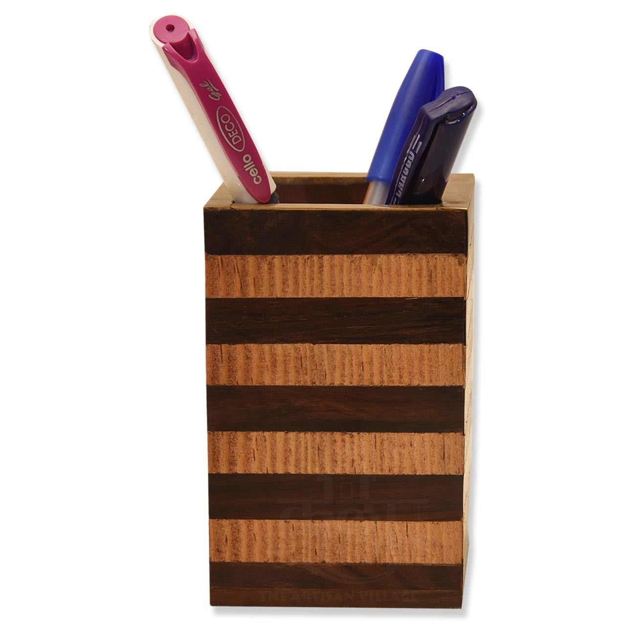 Wooden Pen Stand With Stripped Pattern