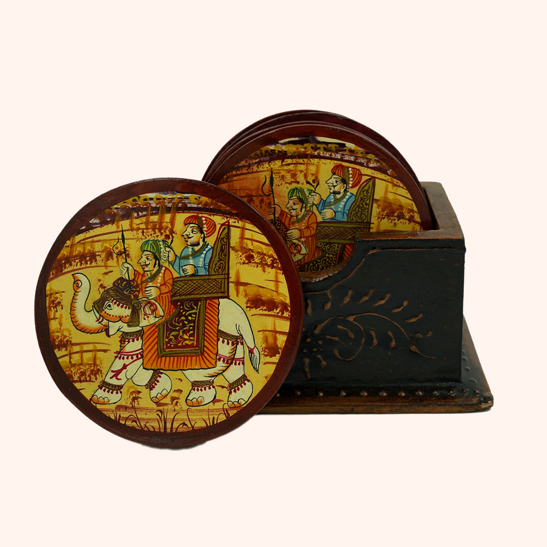 Handcrafted Vintage Rajasthani Wooden Coaster Set of 4 with Coaster Holder